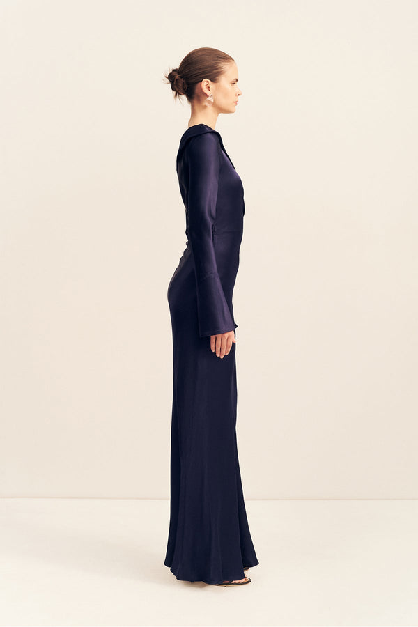 LA LUNE LONG SLEEVE GATHERED MAXI DRESS - MIDNIGHT