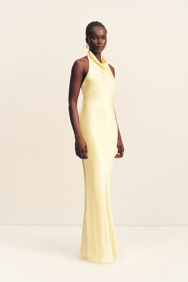 LA LUNE HIGH COWL OPEN BACK MAXI DRESS - LEMON