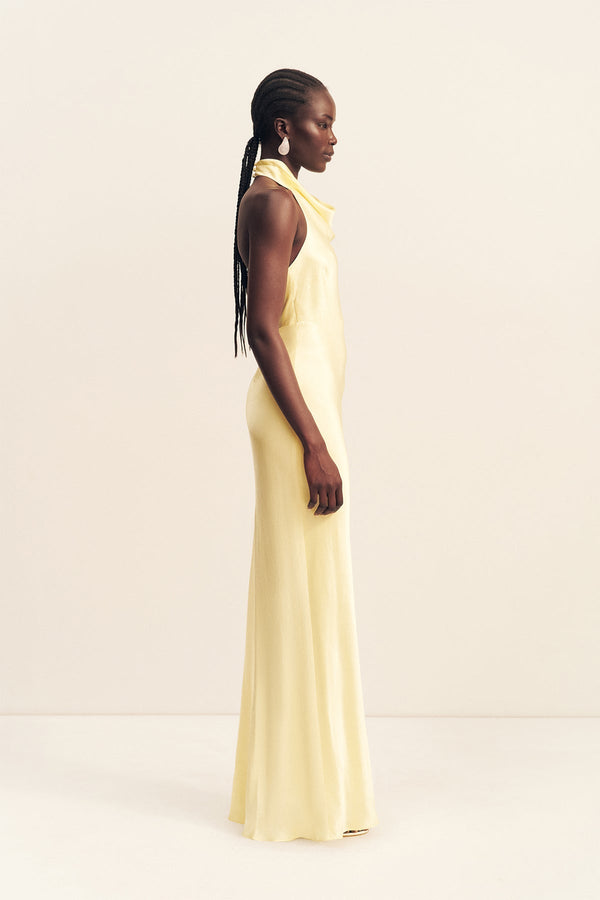 LA LUNE HIGH COWL OPEN BACK MAXI DRESS - LEMON