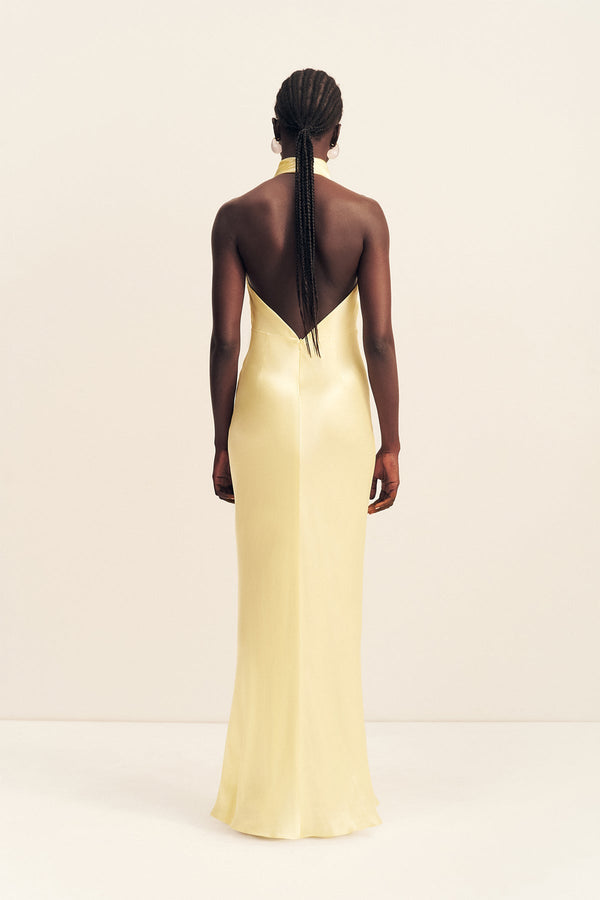 LA LUNE HIGH COWL OPEN BACK MAXI DRESS - LEMON