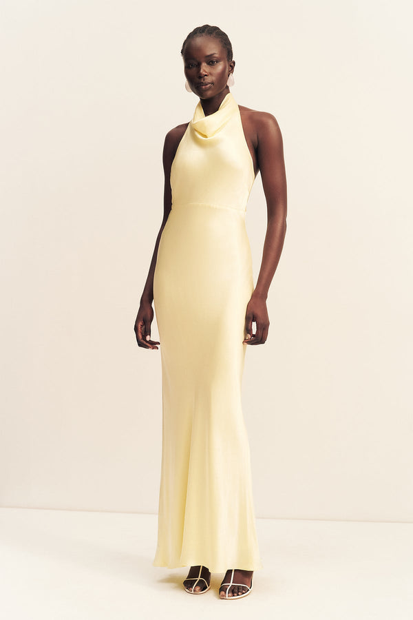 LA LUNE HIGH COWL OPEN BACK MAXI DRESS - LEMON