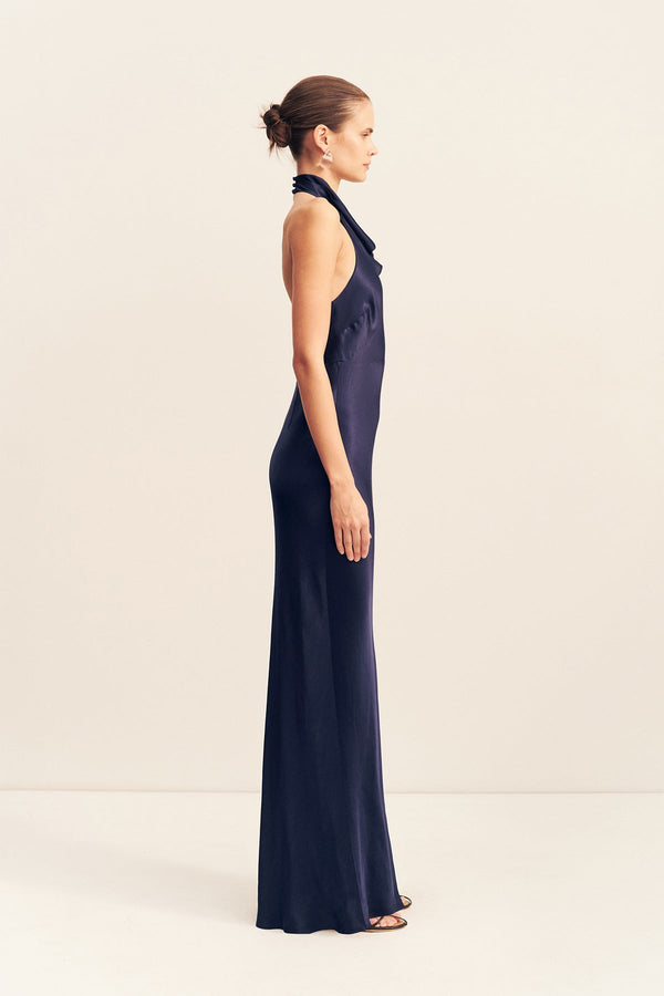 LA LUNE HIGH COWL OPEN BACK MAXI DRESS - MIDNIGHT