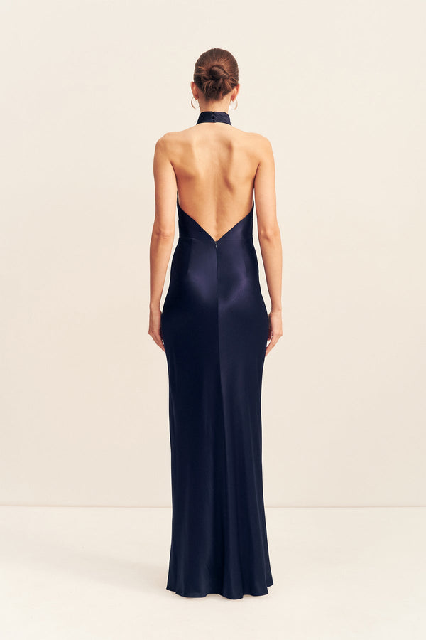 LA LUNE HIGH COWL OPEN BACK MAXI DRESS - MIDNIGHT