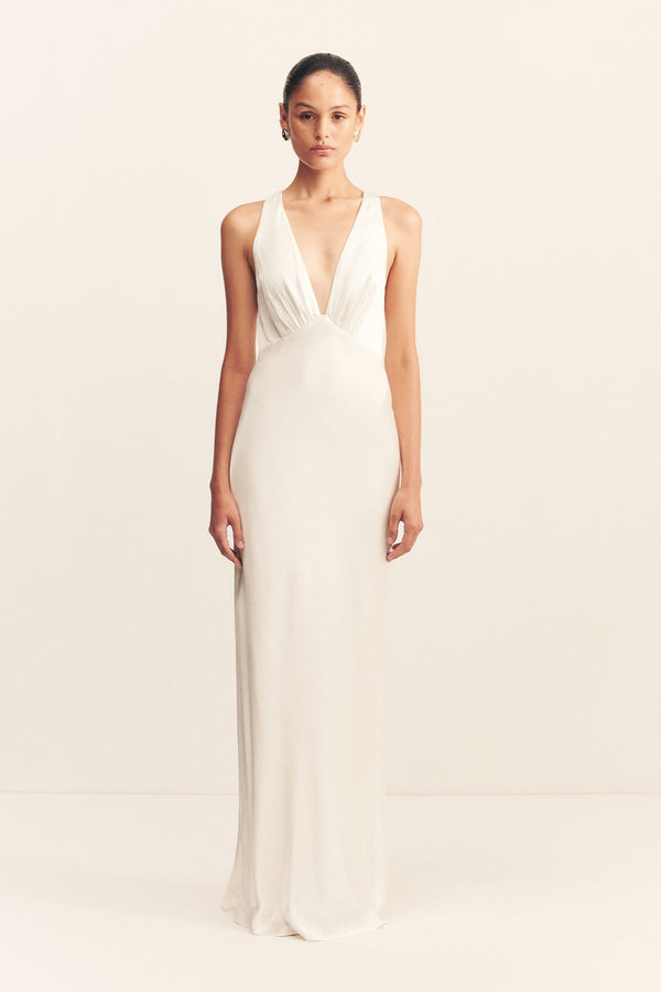 LA LUNE PLUNGED CROSS BACK MAXI DRESS - WHITE_F