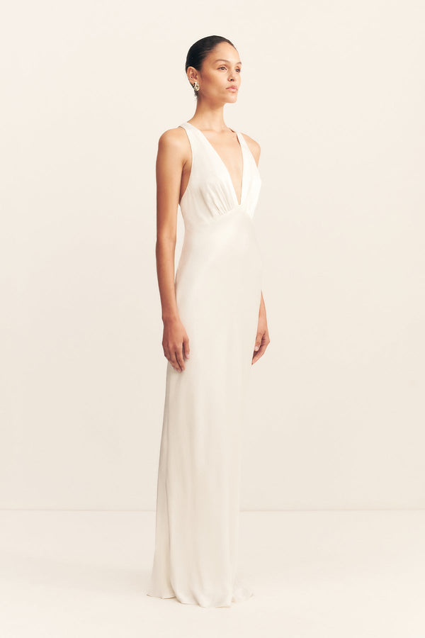 LA LUNE PLUNGED CROSS BACK MAXI DRESS - WHITE