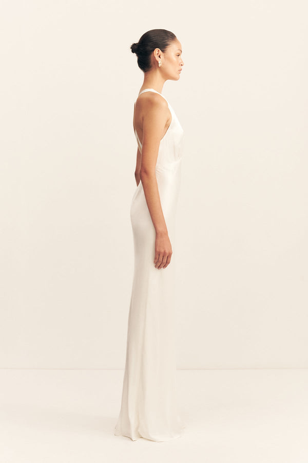 LA LUNE PLUNGED CROSS BACK MAXI DRESS - WHITE