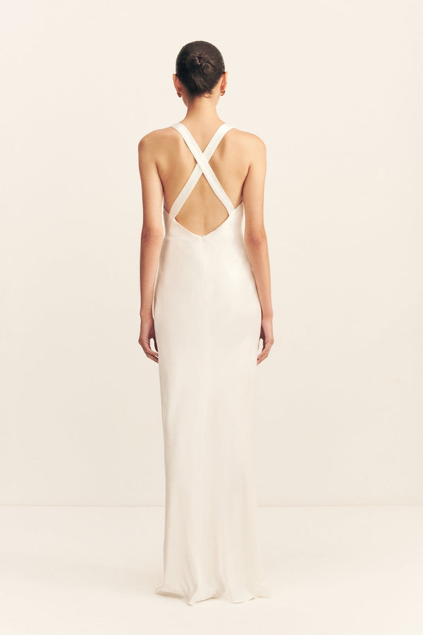 LA LUNE PLUNGED CROSS BACK MAXI DRESS - WHITE