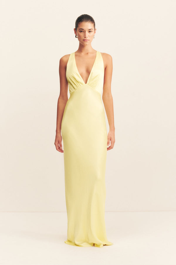LA LUNE PLUNGED CROSS BACK MAXI DRESS - LEMON_F