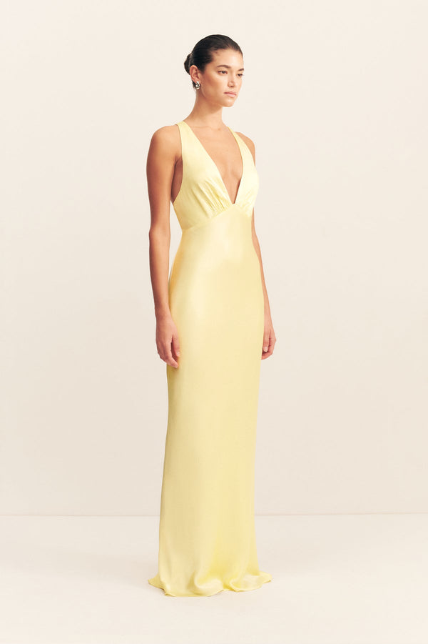 LA LUNE PLUNGED CROSS BACK MAXI DRESS - LEMON