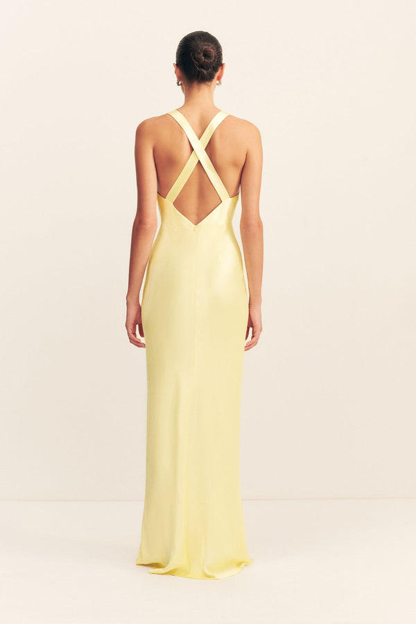 LA LUNE PLUNGED CROSS BACK MAXI DRESS - LEMON