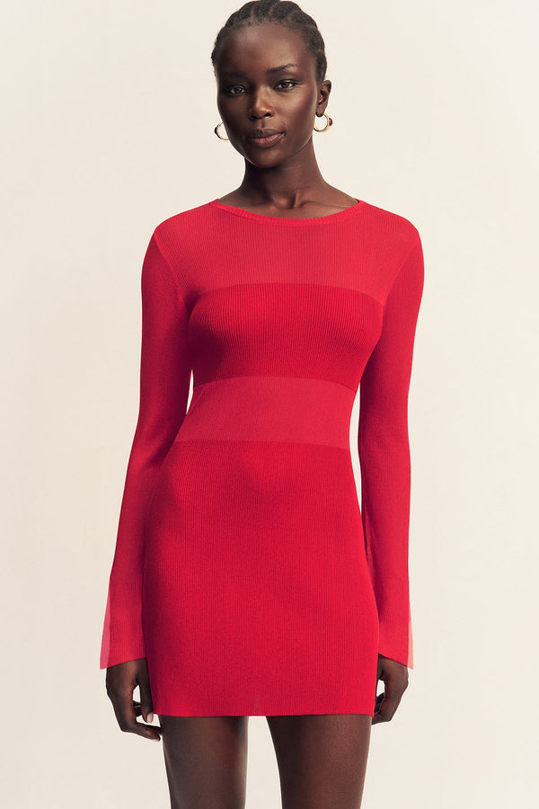 long sleeve mini dress red Shona Joy - Rohe Sheer Knit Long Sleeve Mini Dress