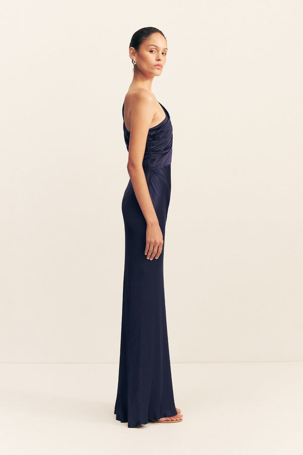 LA LUNE GATHERED ONE SHOULDER MAXI DRESS - MIDNIGHT