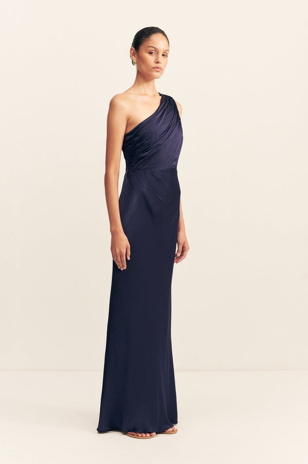 LA LUNE GATHERED ONE SHOULDER MAXI DRESS - MIDNIGHT