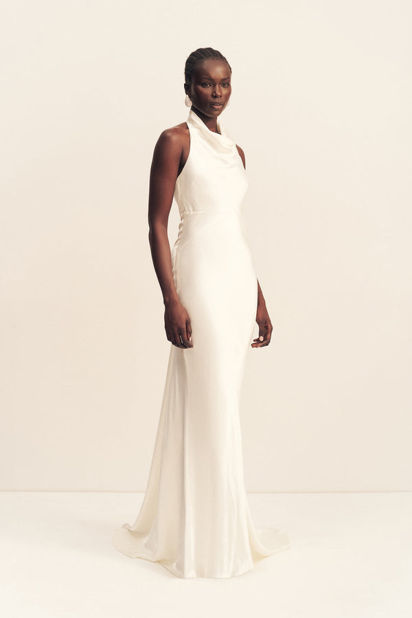 LA LUNE HIGH COWL OPEN BACK GOWN - WHITE