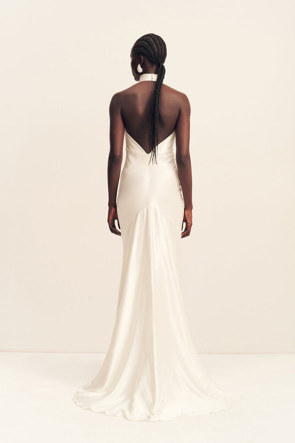 LA LUNE HIGH COWL OPEN BACK GOWN - WHITE