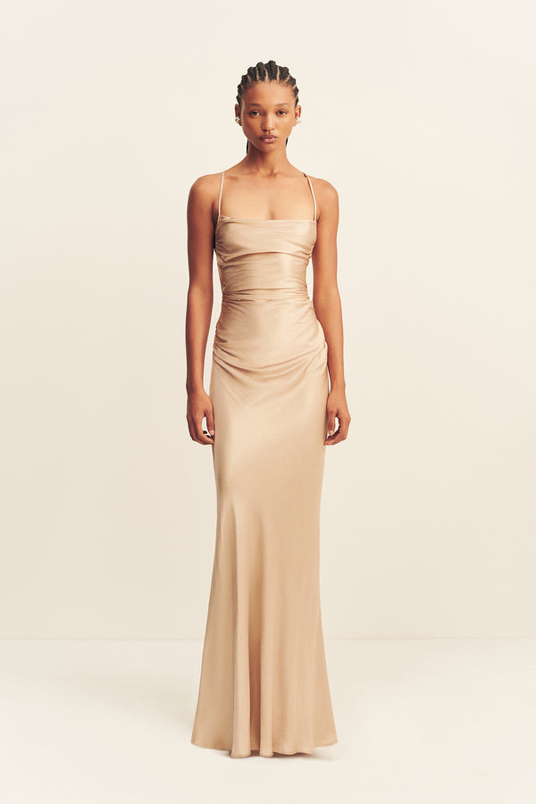 silky dresses long Shona Joy - La Lune Lace Back Maxi Dress - Gold Semi-Formal Wedding Attire For summer-shoes This dress features a Girl Dress:8