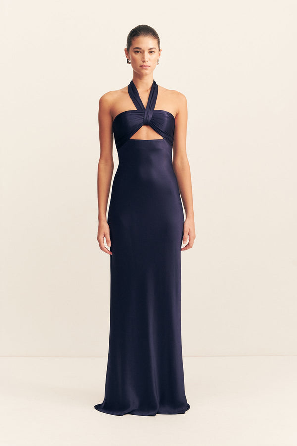 LA LUNE RUCHED HALTER MAXI DRESS - MIDNIGHT_F