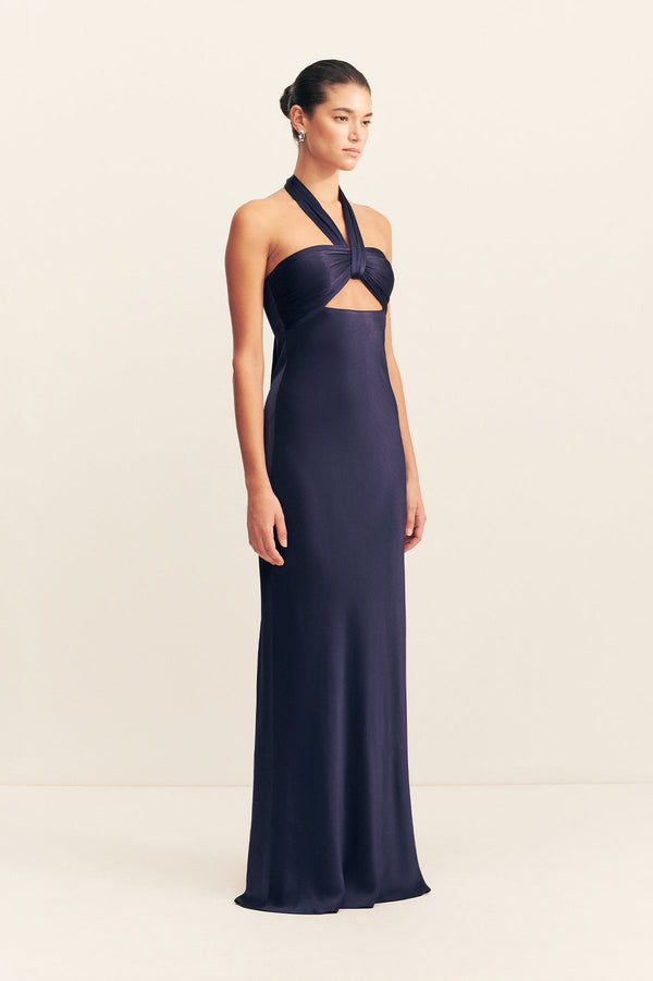 LA LUNE RUCHED HALTER MAXI DRESS - MIDNIGHT