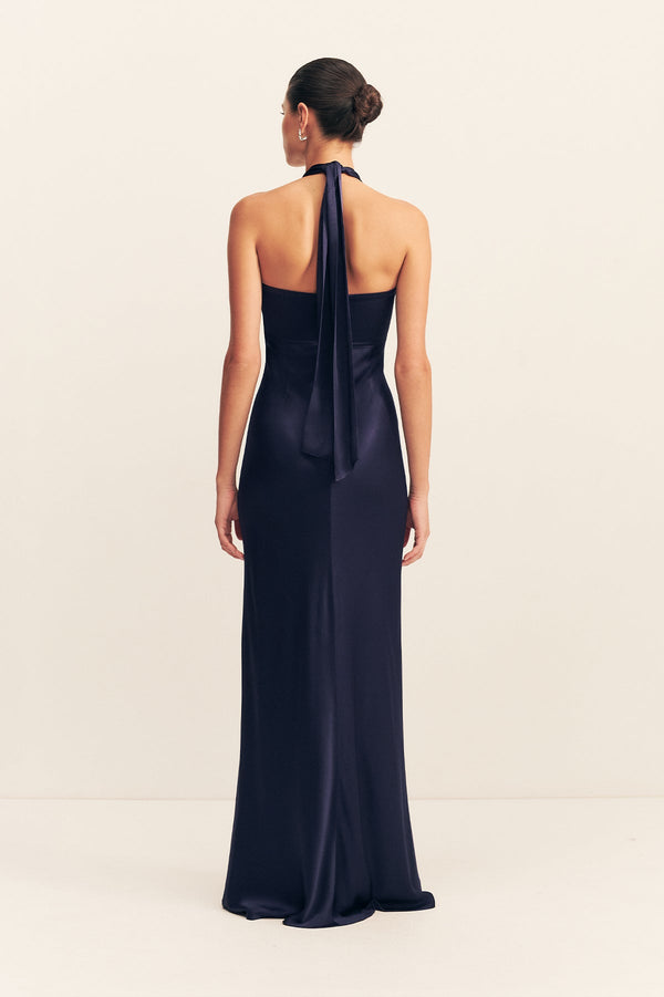 LA LUNE RUCHED HALTER MAXI DRESS - MIDNIGHT