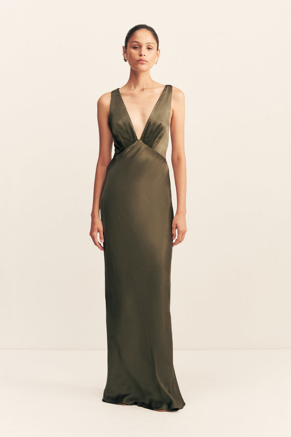 LA LUNE PLUNGED CROSS BACK MAXI DRESS - FOREST_F