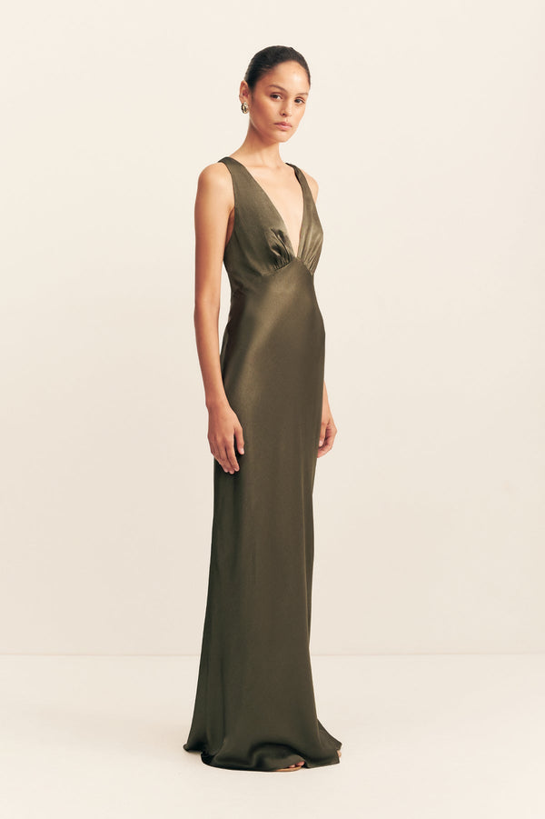 LA LUNE PLUNGED CROSS BACK MAXI DRESS - FOREST
