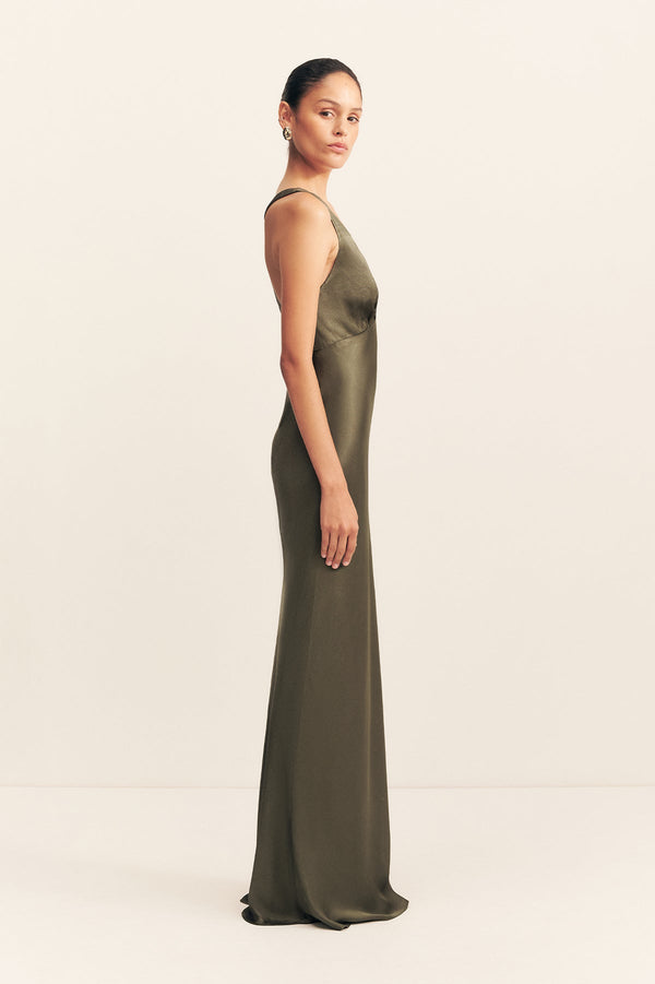 LA LUNE PLUNGED CROSS BACK MAXI DRESS - FOREST