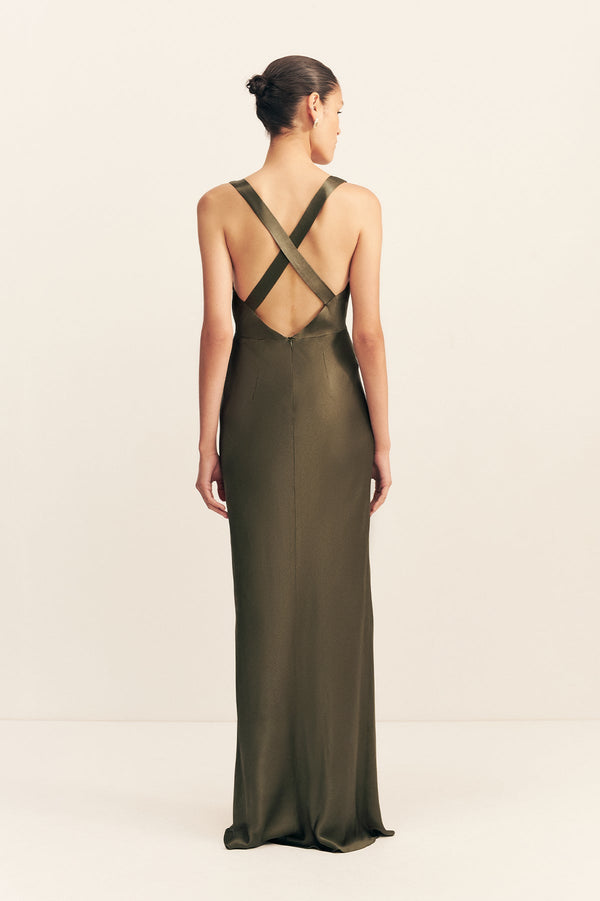 LA LUNE PLUNGED CROSS BACK MAXI DRESS - FOREST