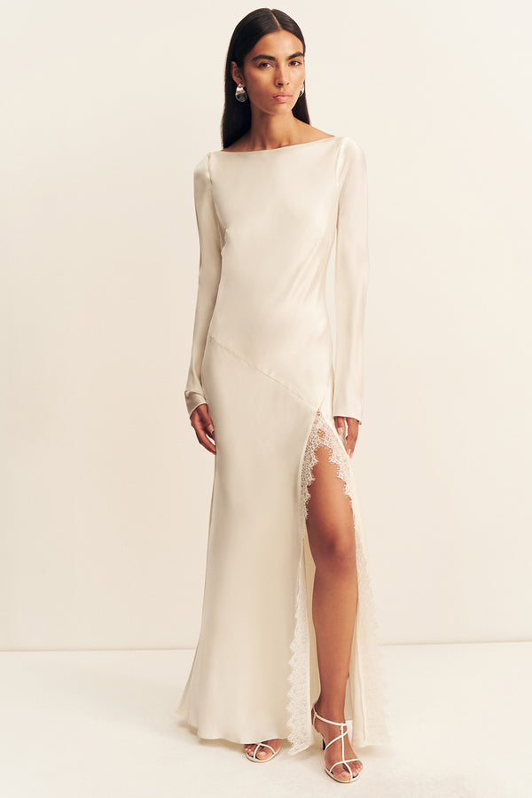LA LUNE CUMULUS SILK BACKLESS LACE SPLIT MAXI DRESS - IVORY