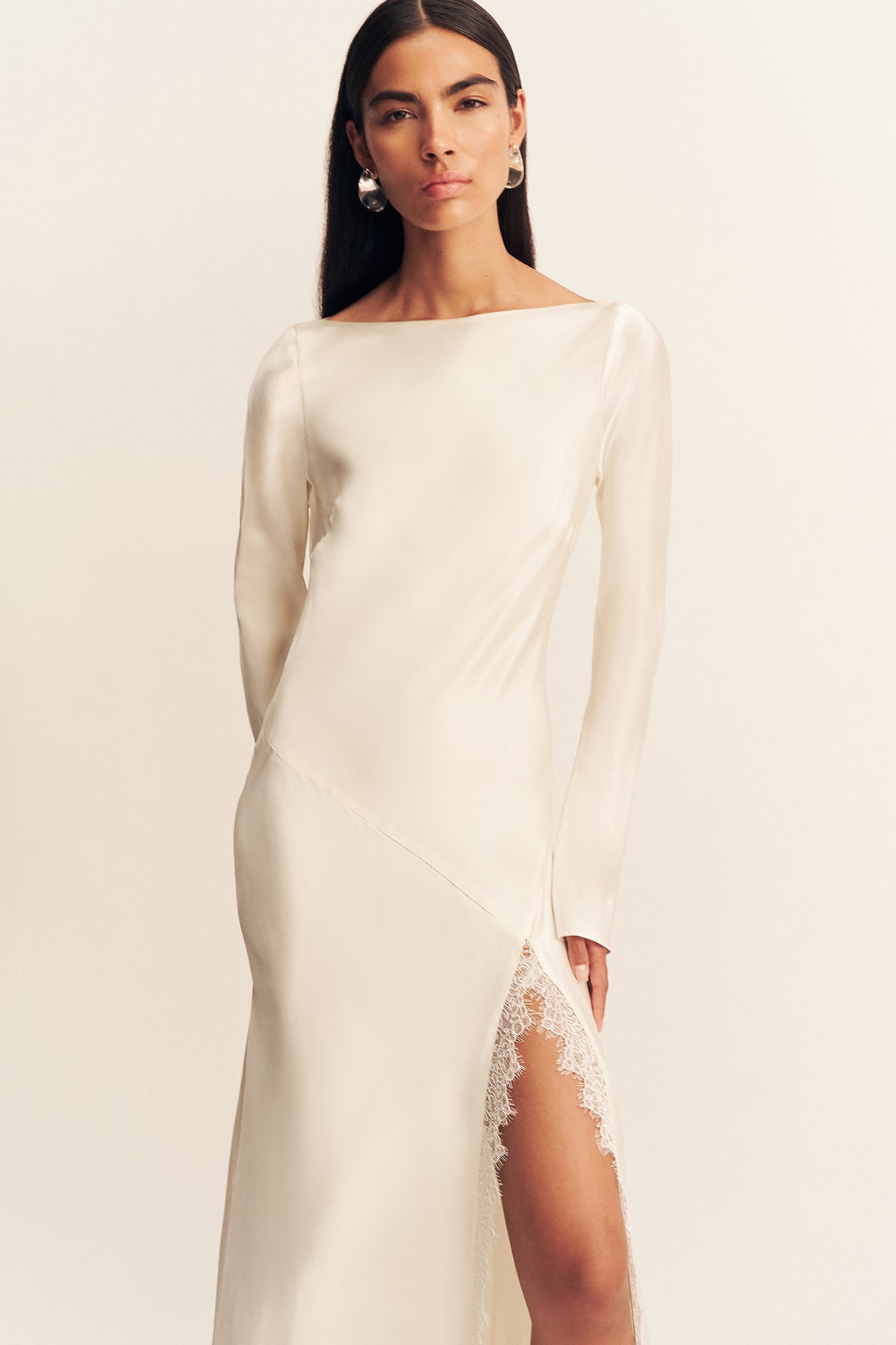 La Lune Cumulus Silk Backless Lace Split Maxi Dress | Ivory