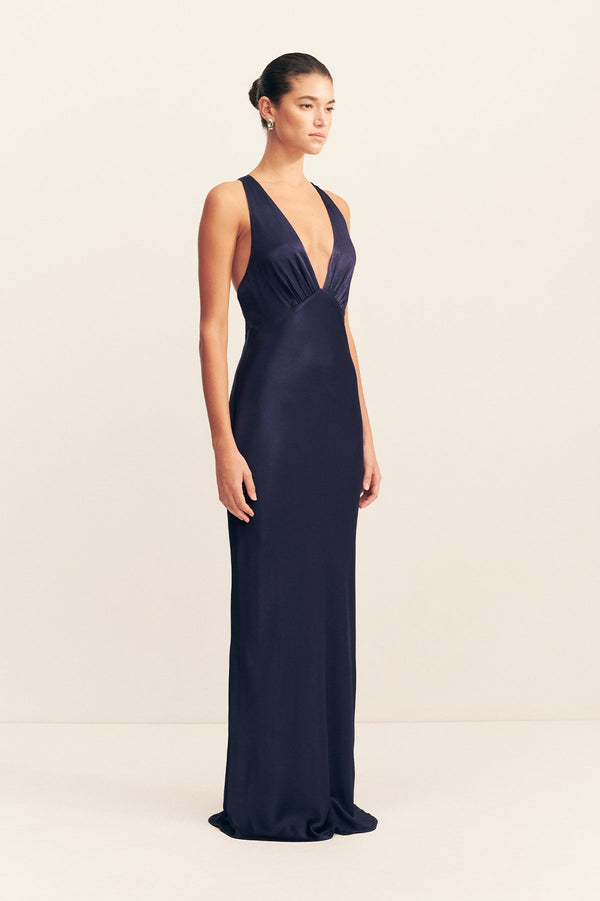 LA LUNE PLUNGED CROSS BACK MAXI DRESS - MIDNIGHT