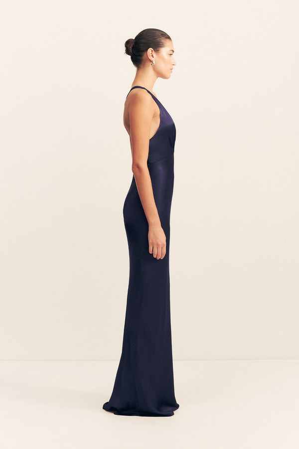 LA LUNE PLUNGED CROSS BACK MAXI DRESS - MIDNIGHT
