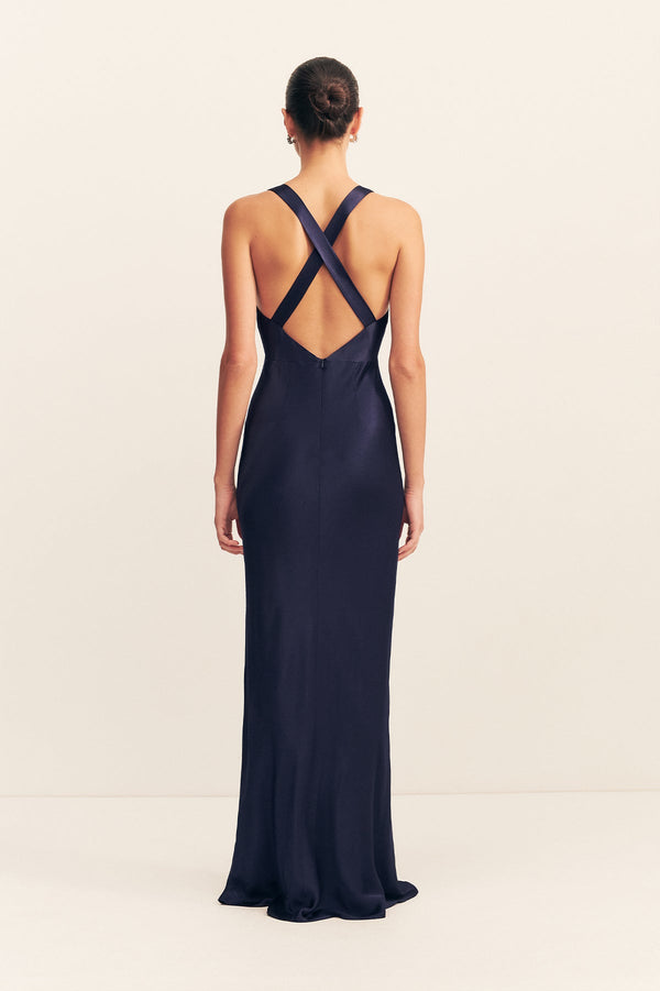 LA LUNE PLUNGED CROSS BACK MAXI DRESS - MIDNIGHT