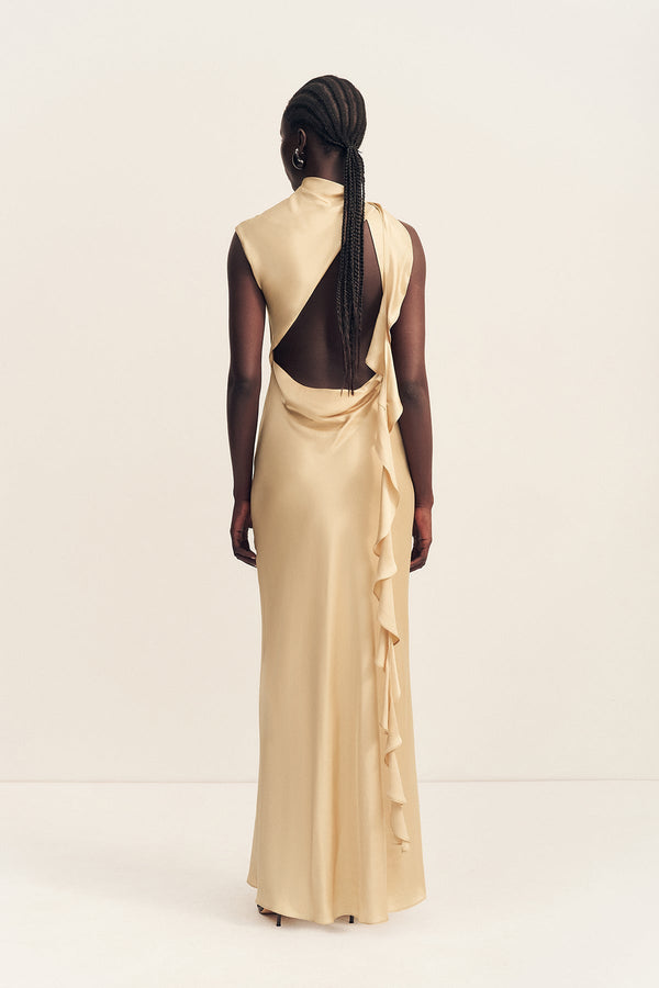 gold ruffle dress Agnes Draped Ruffle Maxi Dress | Oat | Dresses