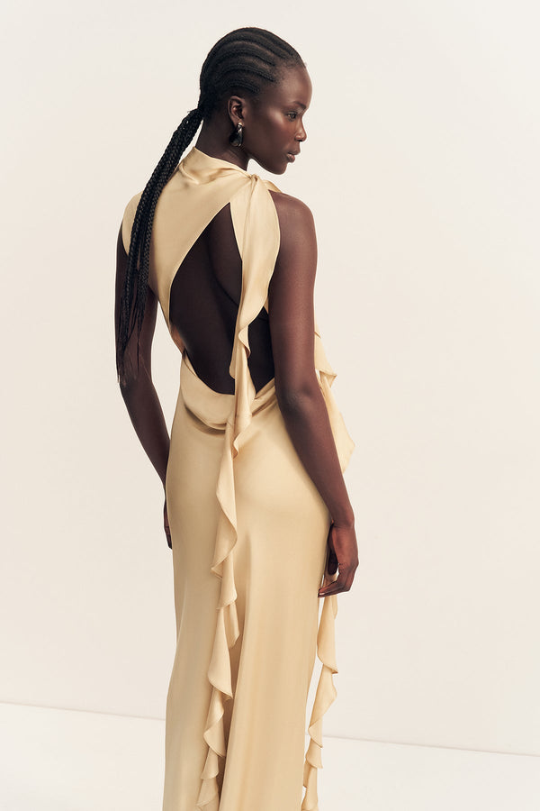 beige ruffle dress Shona Joy - Agnes Draped Ruffle Maxi Dress