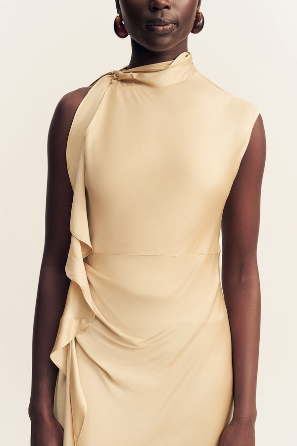 AGNES DRAPED RUFFLE MAXI DRESS - OAT