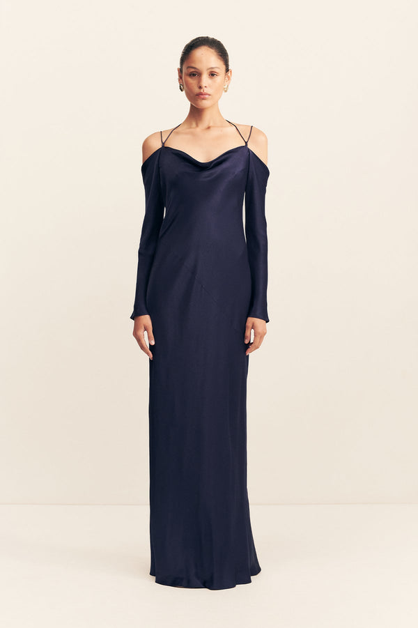 LA LUNE OFF SHOULDER TIE MAXI DRESS - MIDNIGHT_F