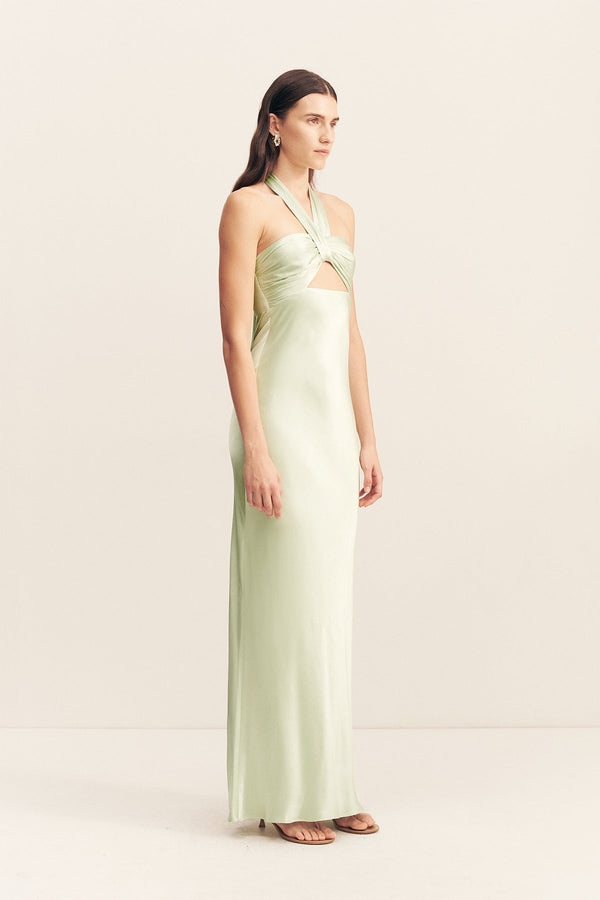 LA LUNE RUCHED HALTER MAXI DRESS - KEY LIME