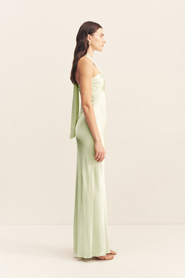 LA LUNE RUCHED HALTER MAXI DRESS - KEY LIME