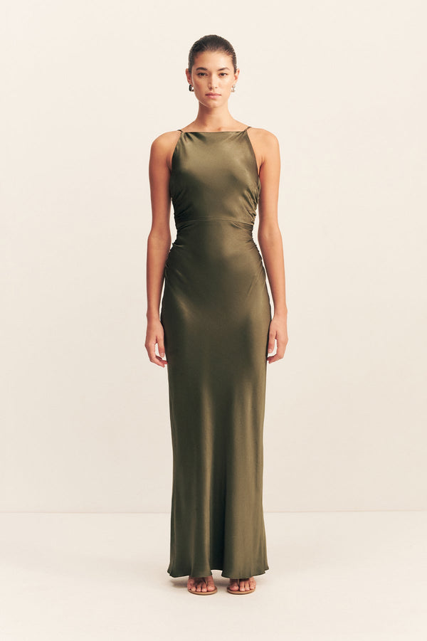 LA LUNE HIGH NECK RUCHED MAXI DRESS - FOREST_F