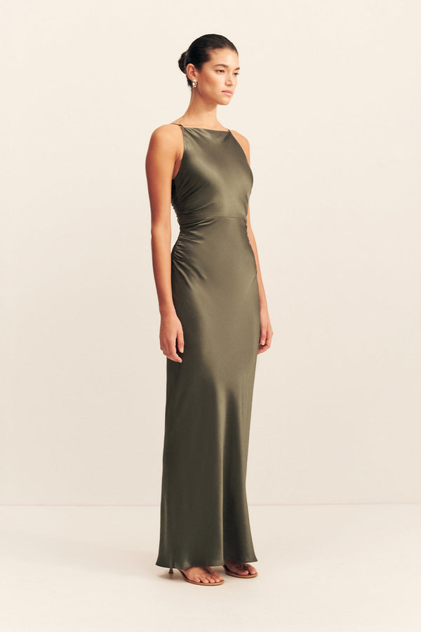 LA LUNE HIGH NECK RUCHED MAXI DRESS - FOREST