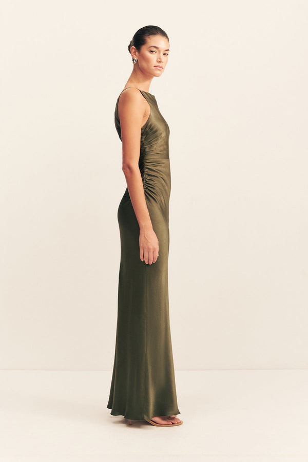 LA LUNE HIGH NECK RUCHED MAXI DRESS - FOREST