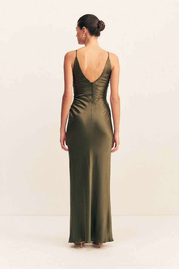 LA LUNE HIGH NECK RUCHED MAXI DRESS - FOREST