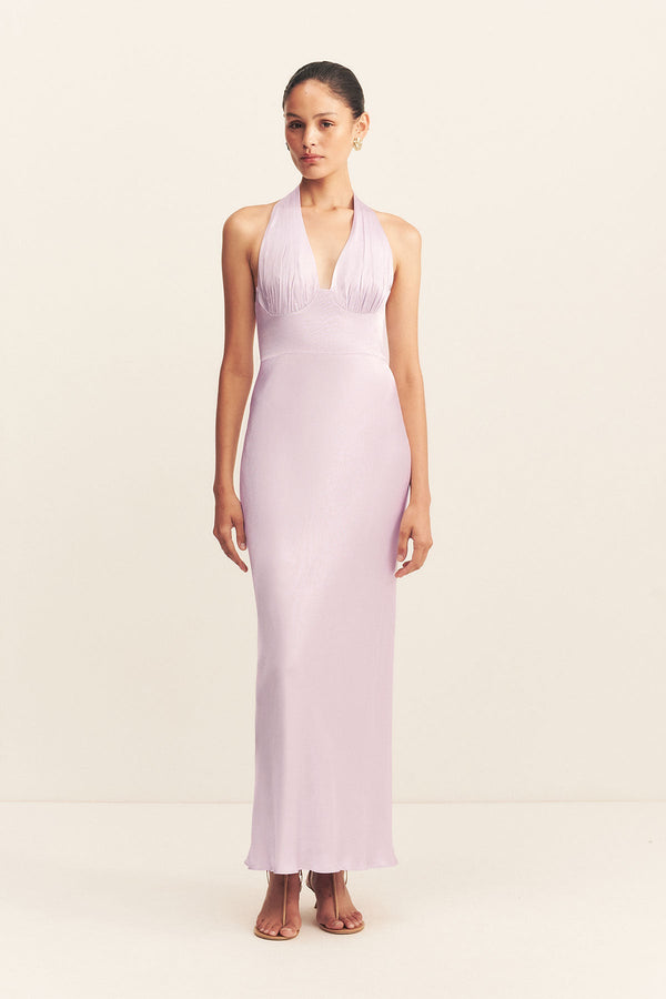 LA LUNE PLUNGED HALTER MIDI DRESS - LILAC_F
