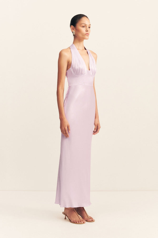 LA LUNE PLUNGED HALTER MIDI DRESS - LILAC