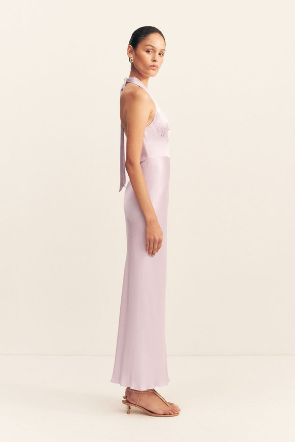 LA LUNE PLUNGED HALTER MIDI DRESS - LILAC