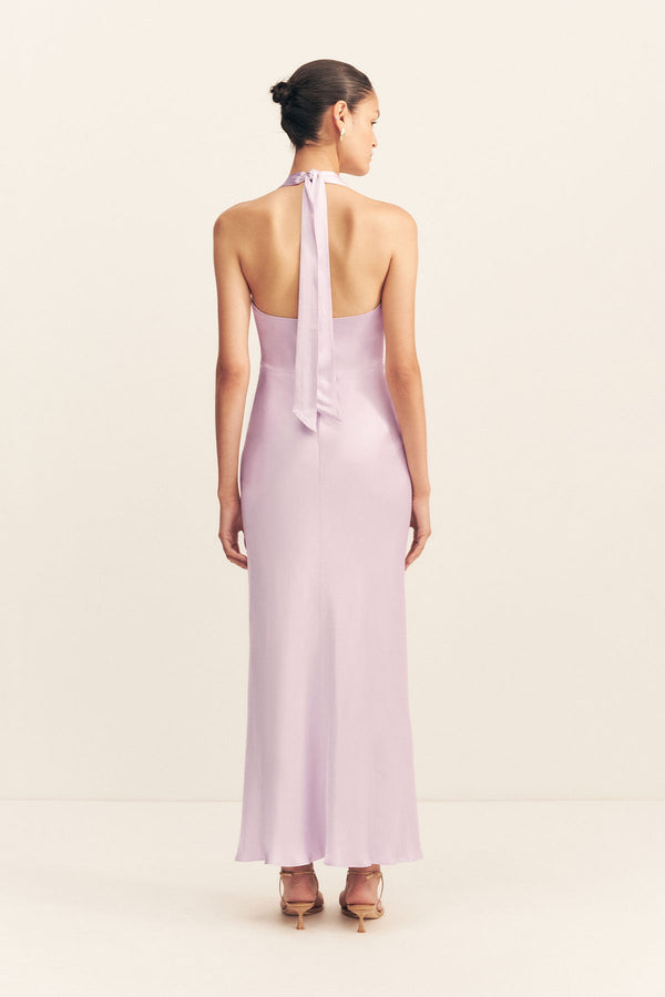LA LUNE PLUNGED HALTER MIDI DRESS - LILAC
