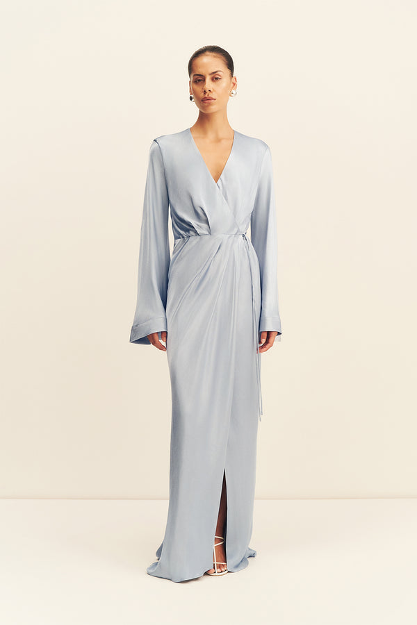 LA LUNE LONG SLEEVE WRAP MAXI DRESS - POWDER BLUE_F