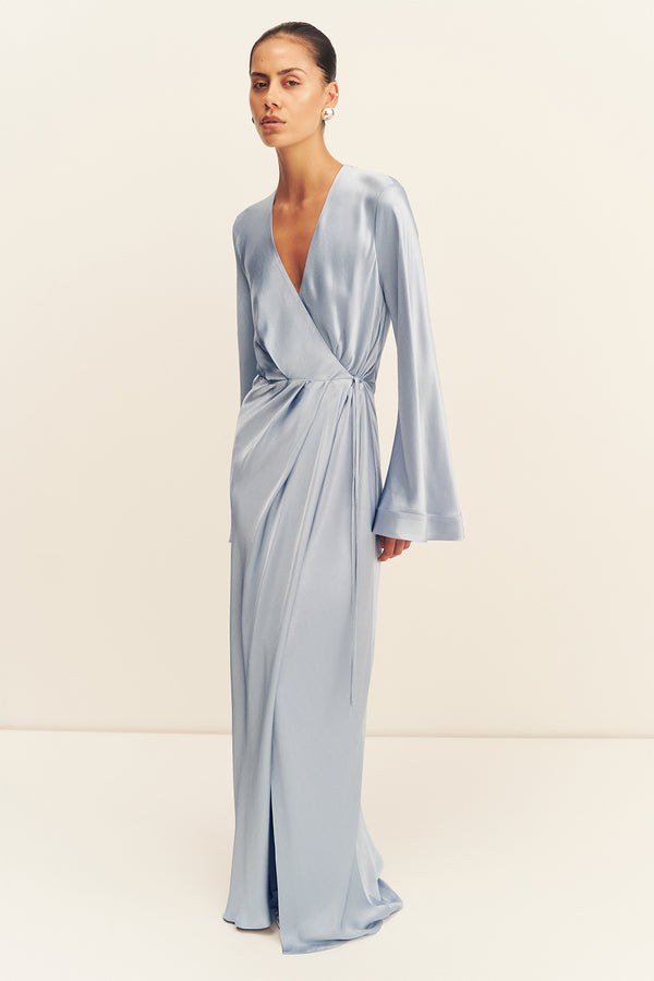 LA LUNE LONG SLEEVE WRAP MAXI DRESS - POWDER BLUE