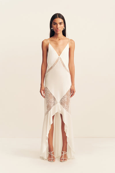Labyrinth Lace Panelled Ruffle Maxi Dress | Ivory | Dresses