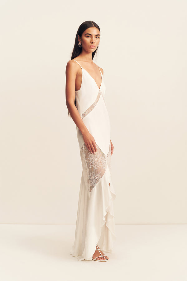 LABYRINTH LACE PANELLED RUFFLE MAXI DRESS - IVORY